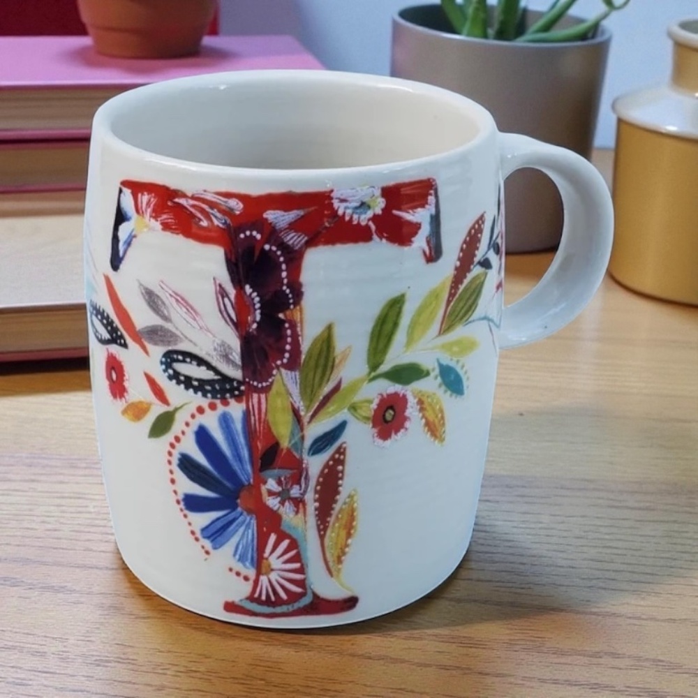{Anthro} Petal Palette "T" Mug | Floral Anthropologie Coffee + Monogram Tea Cup